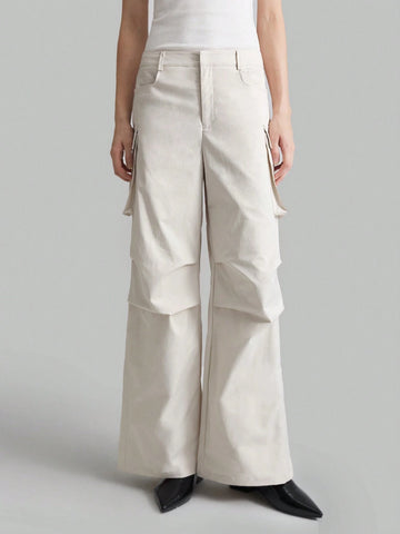 Ontre Light Gray Low Waist Cargo Pocket Side Split Street Hip-Hop Style Casual Pants