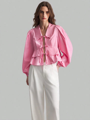 Loose Romantic Ruffled Collar Puff Sleeve Tie Front Blouse