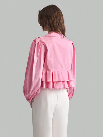 Loose Romantic Ruffled Collar Puff Sleeve Tie Front Blouse
