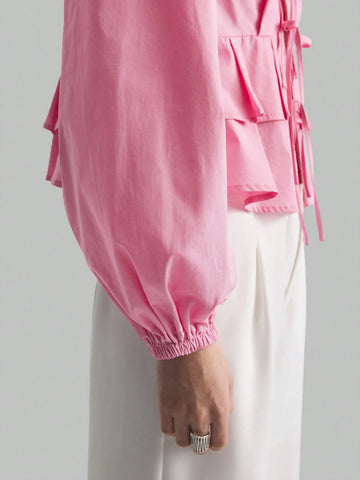 Loose Romantic Ruffled Collar Puff Sleeve Tie Front Blouse