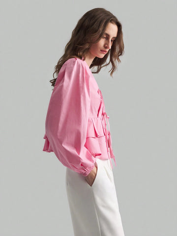 Loose Romantic Ruffled Collar Puff Sleeve Tie Front Blouse