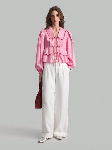 Loose Romantic Ruffled Collar Puff Sleeve Tie Front Blouse