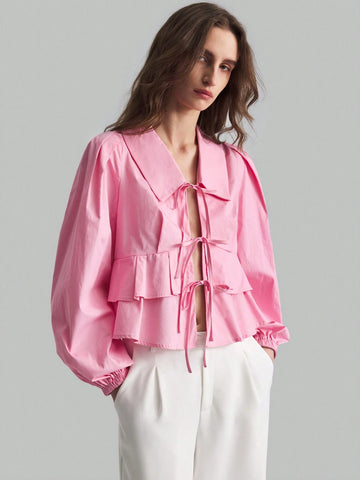 Loose Romantic Ruffled Collar Puff Sleeve Tie Front Blouse