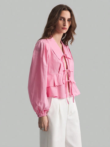 Loose Romantic Ruffled Collar Puff Sleeve Tie Front Blouse