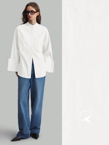 Ontre Minimalist Design Big Cuff Stand Collar Long Sleeve Blue Business Casual Blouse, Unique Blue Shirt For Autumn