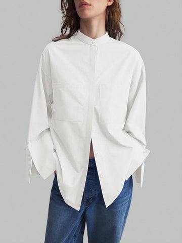 Ontre Minimalist Design Big Cuff Stand Collar Long Sleeve Blue Business Casual Blouse, Unique Blue Shirt For Autumn