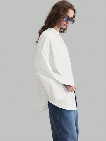 Ontre Minimalist Design Big Cuff Stand Collar Long Sleeve Blue Business Casual Blouse, Unique Blue Shirt For Autumn
