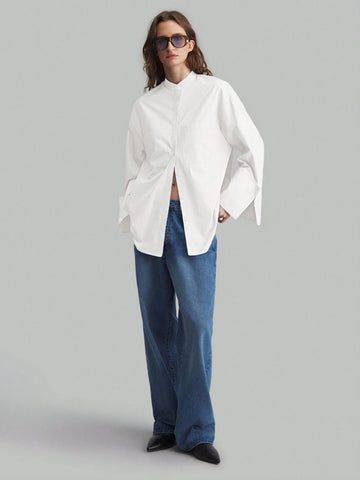 Ontre Minimalist Design Big Cuff Stand Collar Long Sleeve Blue Business Casual Blouse, Unique Blue Shirt For Autumn