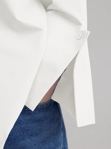 Ontre Minimalist Design Big Cuff Stand Collar Long Sleeve Blue Business Casual Blouse, Unique Blue Shirt For Autumn