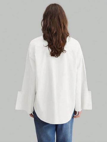 Ontre Minimalist Design Big Cuff Stand Collar Long Sleeve Blue Business Casual Blouse, Unique Blue Shirt For Autumn