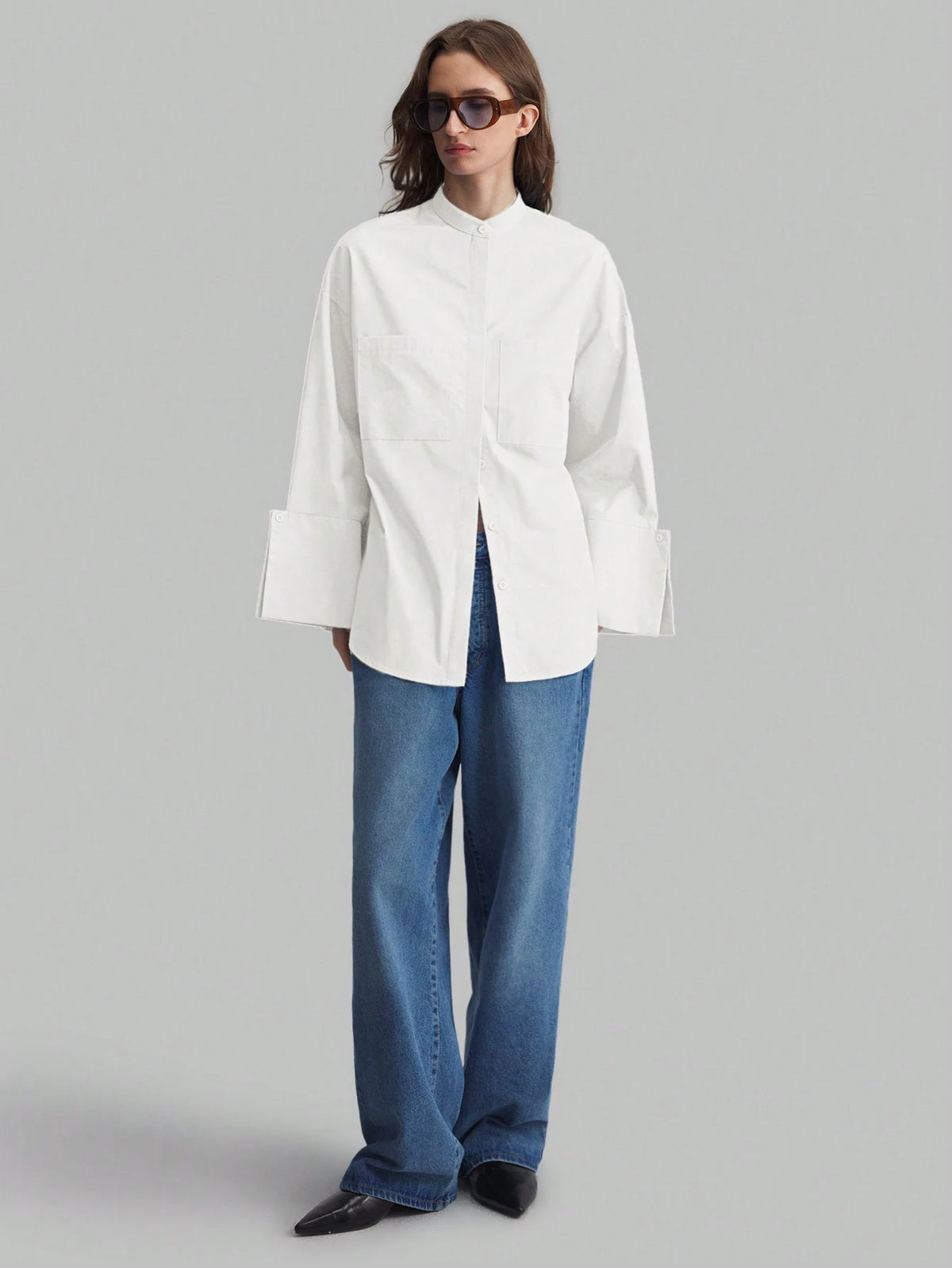 Ontre Minimalist Design Big Cuff Stand Collar Long Sleeve Blue Business Casual Blouse, Unique Blue Shirt For Autumn