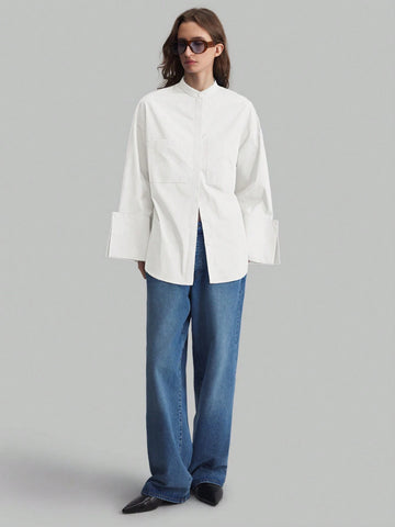 Ontre Minimalist Design Big Cuff Stand Collar Long Sleeve Blue Business Casual Blouse, Unique Blue Shirt For Autumn