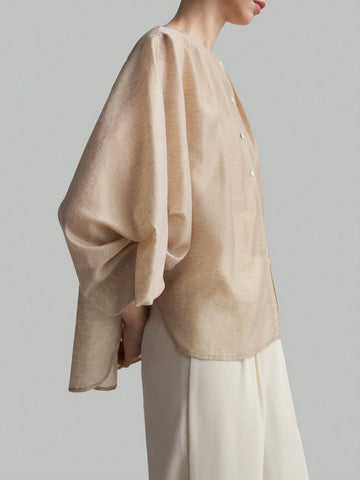 Ontre Solid Button Front Batwing Sleeve Blouse