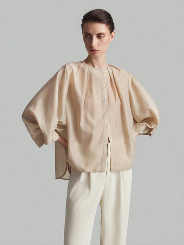 Ontre Solid Button Front Batwing Sleeve Blouse