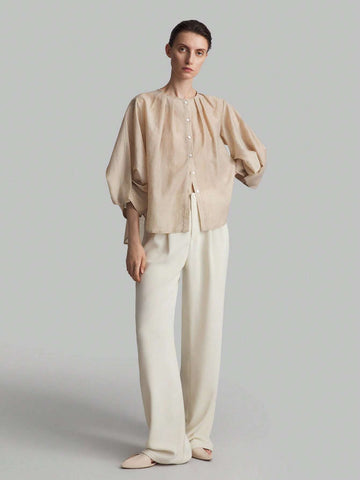 Ontre Solid Button Front Batwing Sleeve Blouse