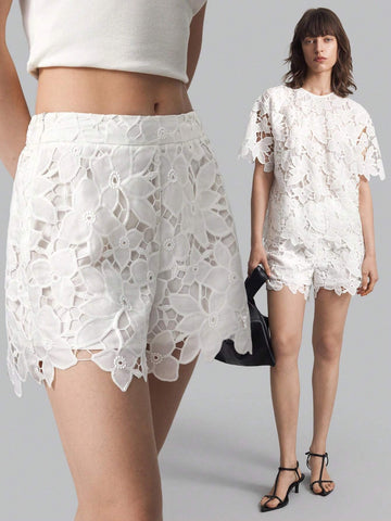 Ontre Women Eyelet Embroidery Shorts, White, Autumn Back To School Casual Outfit