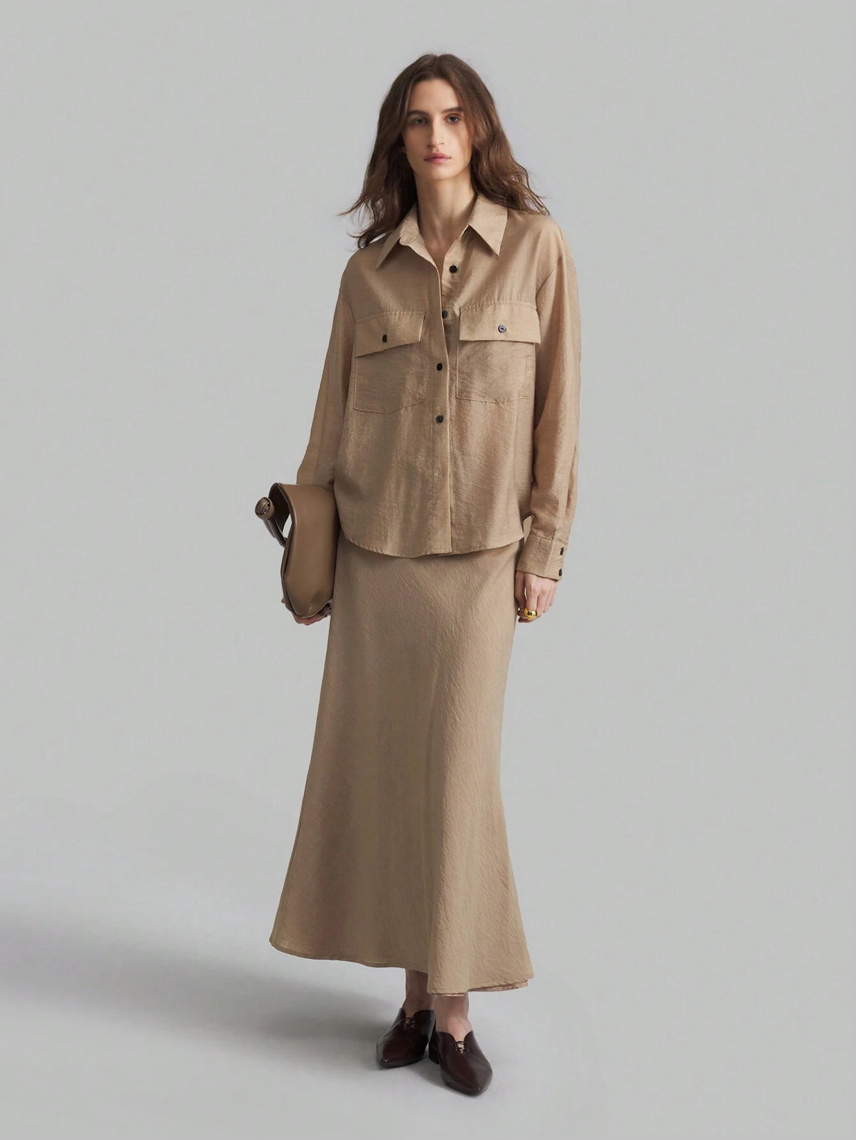 Ontre Women Khaki Color Loose Semi-Sheer Elegant Business Shirt And Long Skirt Suit Set, Autumn