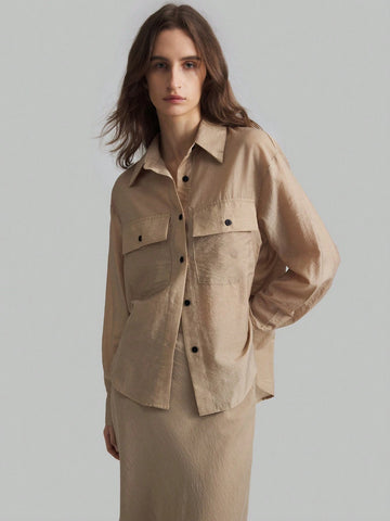 Ontre Women Khaki Color Loose Semi-Sheer Elegant Business Shirt And Long Skirt Suit Set, Autumn