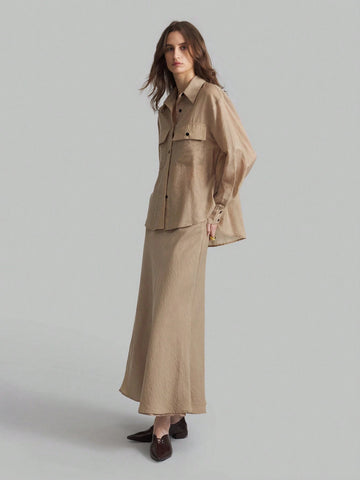 Ontre Women Khaki Color Loose Semi-Sheer Elegant Business Shirt And Long Skirt Suit Set, Autumn