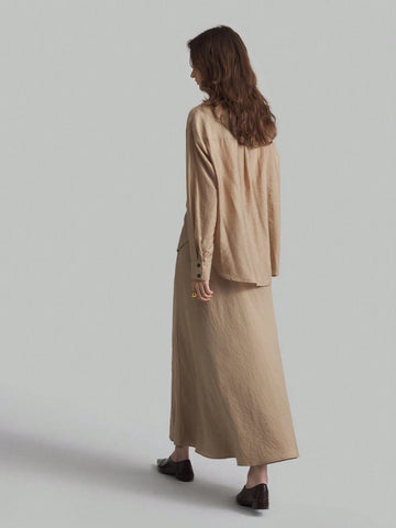 Ontre Women Khaki Color Loose Semi-Sheer Elegant Business Shirt And Long Skirt Suit Set, Autumn