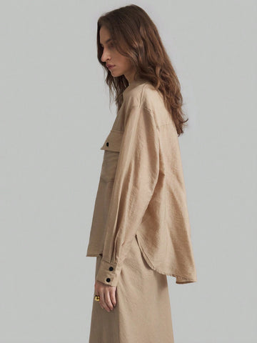 Ontre Women Khaki Color Loose Semi-Sheer Elegant Business Shirt And Long Skirt Suit Set, Autumn