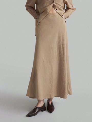 Ontre Women Khaki Color Loose Semi-Sheer Elegant Business Shirt And Long Skirt Suit Set, Autumn
