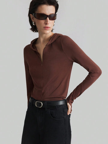 Women Solid Color Long Sleeve Simple Hoodie T-Shirt, Casual For Daily Wear