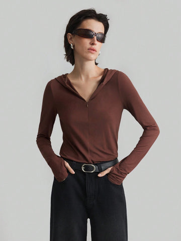 Women Solid Color Long Sleeve Simple Hoodie T-Shirt, Casual For Daily Wear
