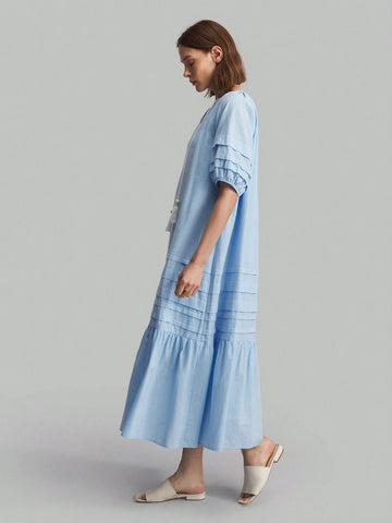 Ontre Women Summer Tie Neck Plain Casual Dress