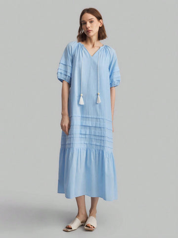 Ontre Women Summer Tie Neck Plain Casual Dress
