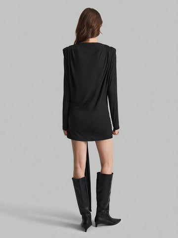 Women's Black Knit Off-Shoulder Sweater, Loose Fit Long Sleeve Scoop Neck T-Shirt For Autumn Basic Top