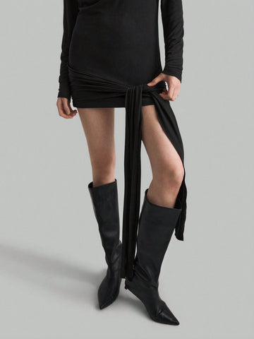 Women's Black Knit Off-Shoulder Sweater, Loose Fit Long Sleeve Scoop Neck T-Shirt For Autumn Basic Top