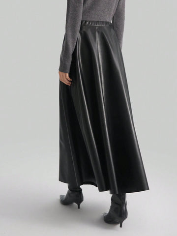Ontre Women's Black PU Elastic Waist Elegant Office Commute Versatile A-Line Skirt