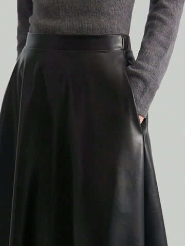 Ontre Women's Black PU Elastic Waist Elegant Office Commute Versatile A-Line Skirt