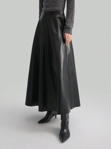 Ontre Women's Black PU Elastic Waist Elegant Office Commute Versatile A-Line Skirt