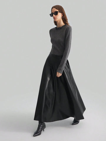 Ontre Women's Black PU Elastic Waist Elegant Office Commute Versatile A-Line Skirt