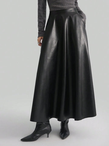 Ontre Women's Black PU Elastic Waist Elegant Office Commute Versatile A-Line Skirt