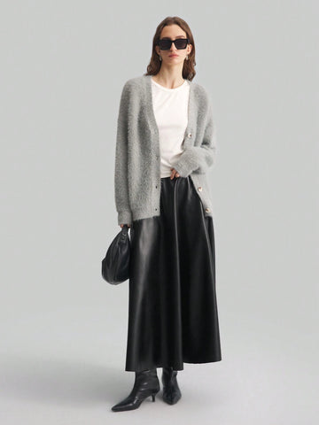 Ontre Women's Black PU Elastic Waist Elegant Office Commute Versatile A-Line Skirt