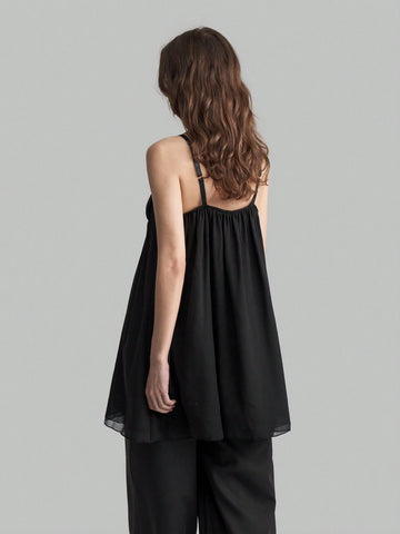 Ontre Women's Black Pleated Chiffon Spaghetti Strap Romantic Dress