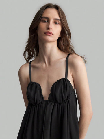 Ontre Women's Black Pleated Chiffon Spaghetti Strap Romantic Dress