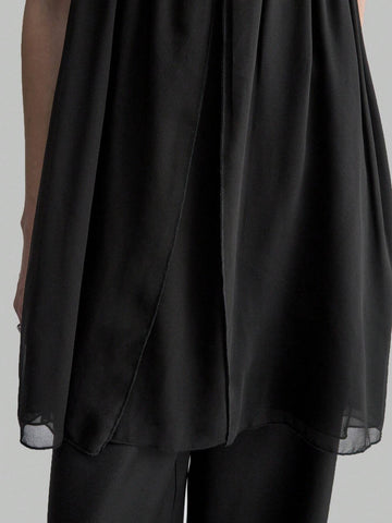 Ontre Women's Black Pleated Chiffon Spaghetti Strap Romantic Dress