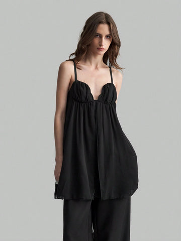 Ontre Women's Black Pleated Chiffon Spaghetti Strap Romantic Dress