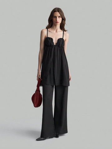 Ontre Women's Black Pleated Chiffon Spaghetti Strap Romantic Dress