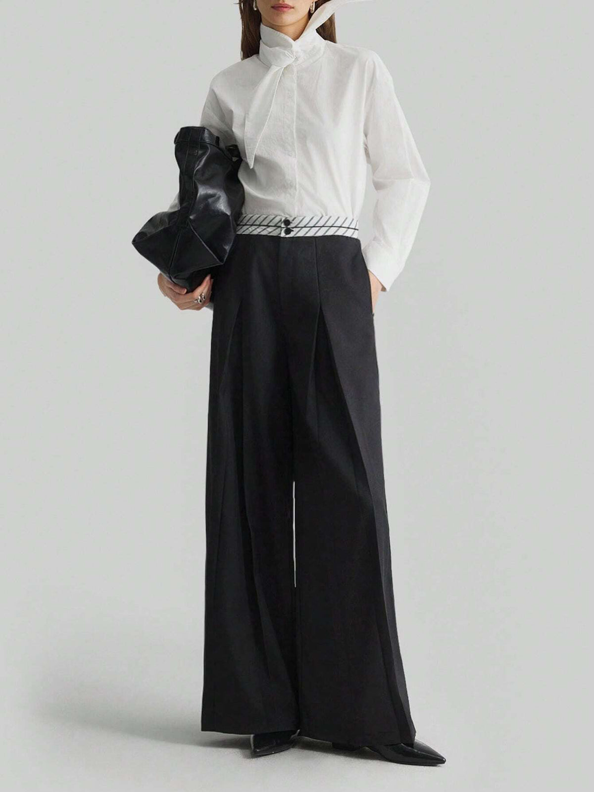 Ontre Women's Black Wide-Leg Pleated High-Waist Trousers With Design Elements, Versatile For Commuting, Flattering Figure, Perfect For Autumn, New Year Party, Elegant Style