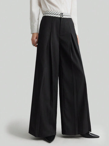 Ontre Women's Black Wide-Leg Pleated High-Waist Trousers With Design Elements, Versatile For Commuting, Flattering Figure, Perfect For Autumn, New Year Party, Elegant Style
