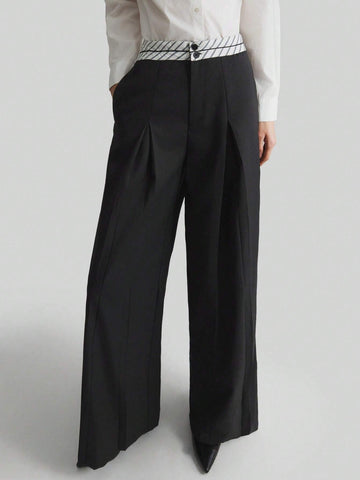Ontre Women's Black Wide-Leg Pleated High-Waist Trousers With Design Elements, Versatile For Commuting, Flattering Figure, Perfect For Autumn, New Year Party, Elegant Style