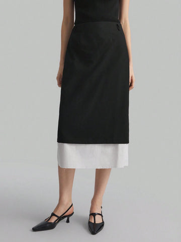 Ontre Women's Color Block Patchwork Elegant Business Commuting Fashionable A-Line Skirt, Black And White, For Autumn