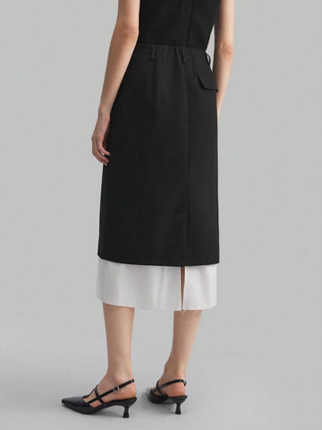 Ontre Women's Color Block Patchwork Elegant Business Commuting Fashionable A-Line Skirt, Black And White, For Autumn