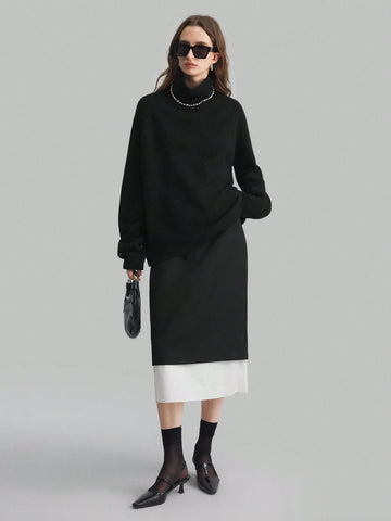 Ontre Women's Color Block Patchwork Elegant Business Commuting Fashionable A-Line Skirt, Black And White, For Autumn