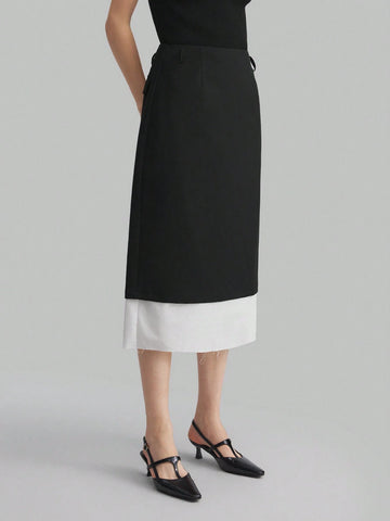 Ontre Women's Color Block Patchwork Elegant Business Commuting Fashionable A-Line Skirt, Black And White, For Autumn